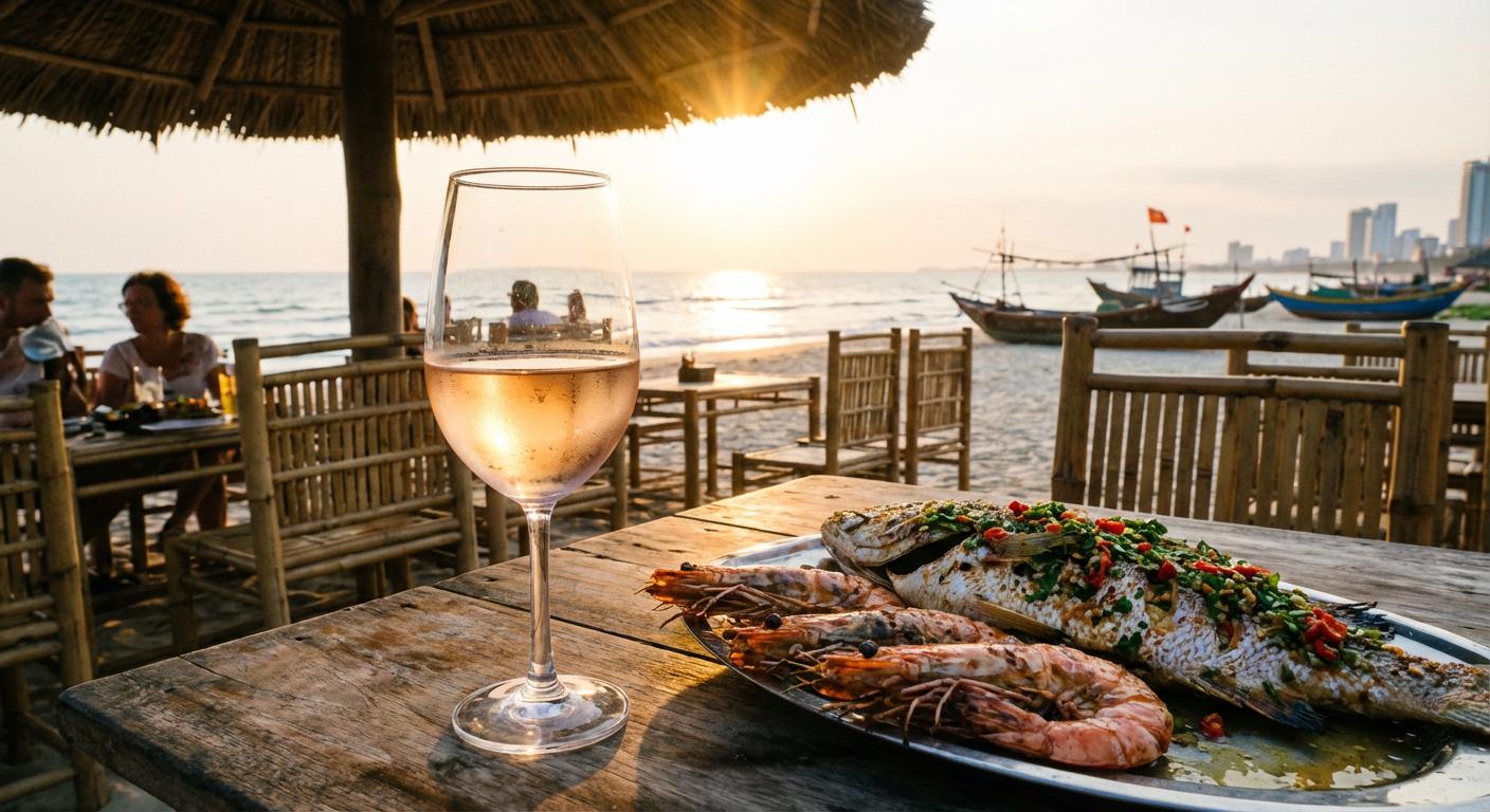 Vang hồng kết hợp với hải sản tươi và salad Địa Trung Hải trên bàn tiệc