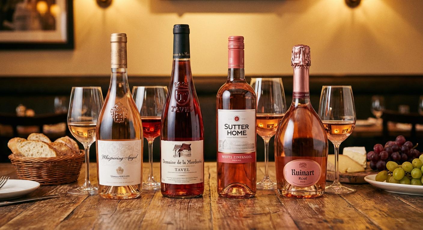 Infographic so sánh 4 phong cách vang hồng Provence Tavel White Zinfandel Sparkling và món ăn phù hợp