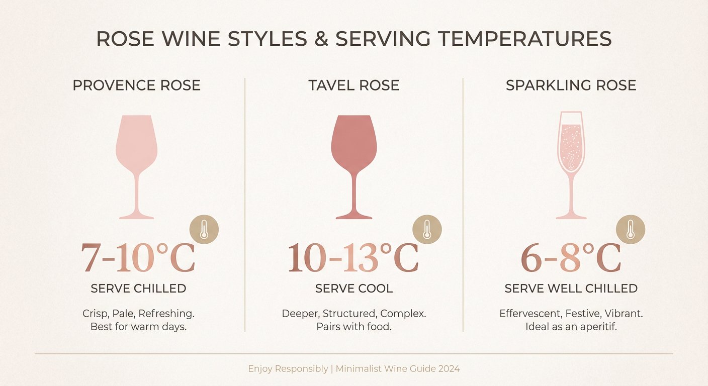 So sánh phân loại nhiệt độ phục vụ vang hồng theo vùng miền - infographic từ Provence đến Tavel