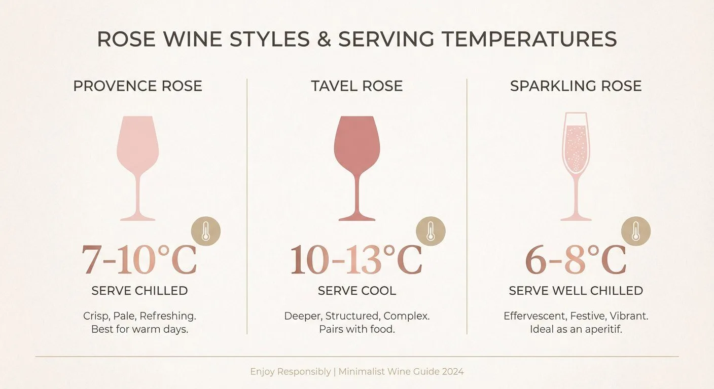 So sánh phân loại nhiệt độ phục vụ vang hồng theo vùng miền - infographic từ Provence đến Tavel