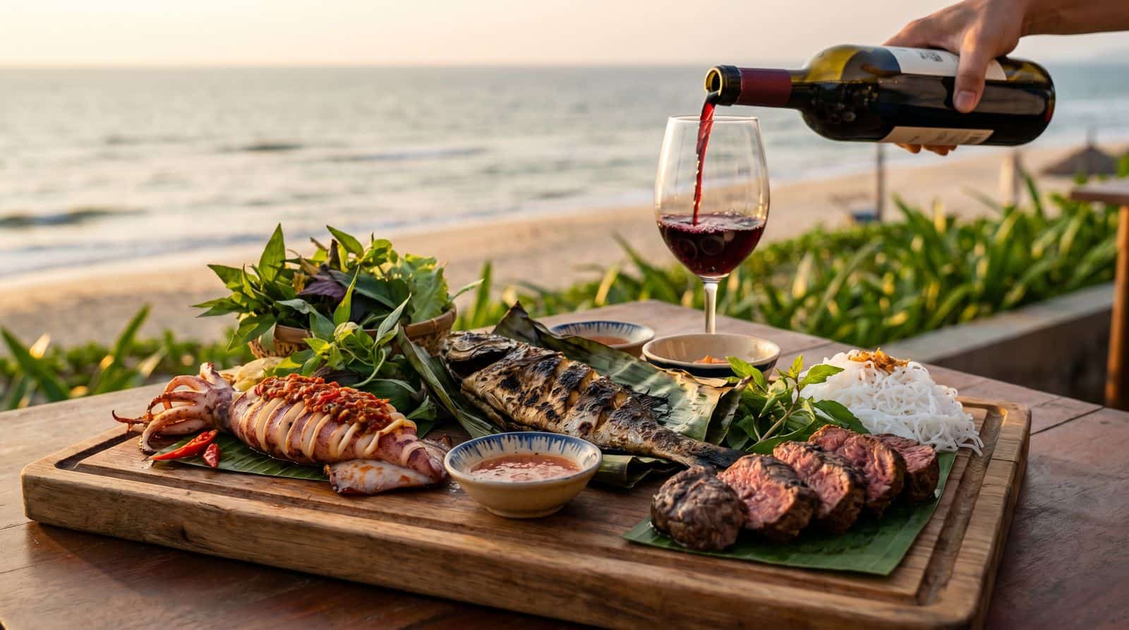 Cabernet Sauvignon wine kết hợp grilled seafood Đà Nẵng cuisine