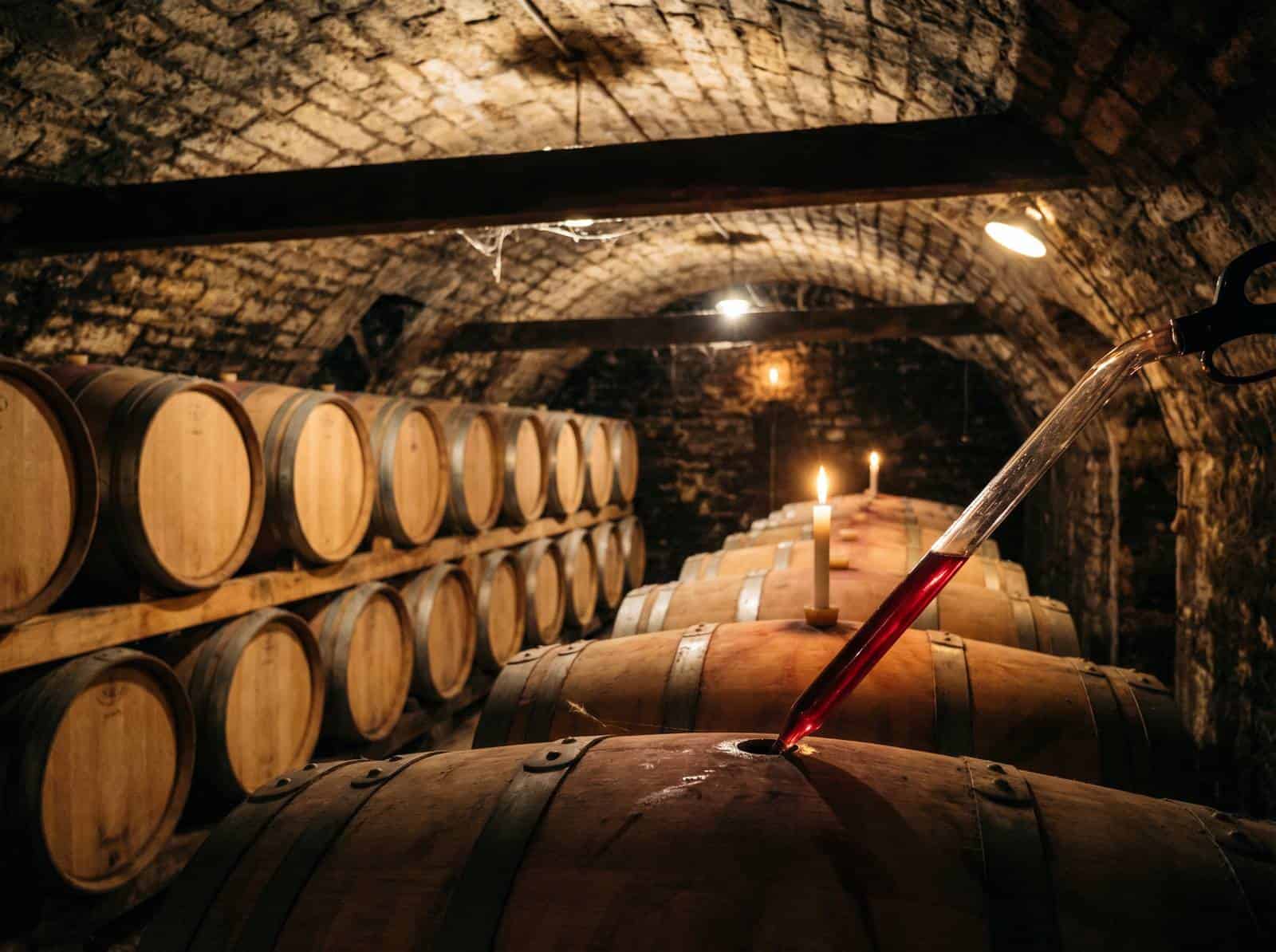 Pinot Noir aging in French oak barrels Burgundy cellar
