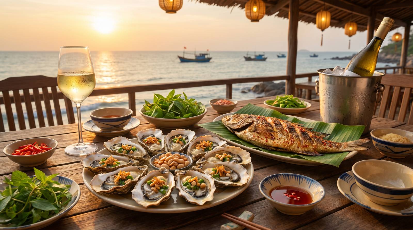 Riesling white wine pairing grilled oysters Son Tra Da Nang seafood