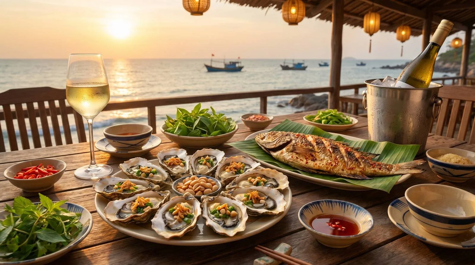 Riesling white wine pairing grilled oysters Son Tra Da Nang seafood