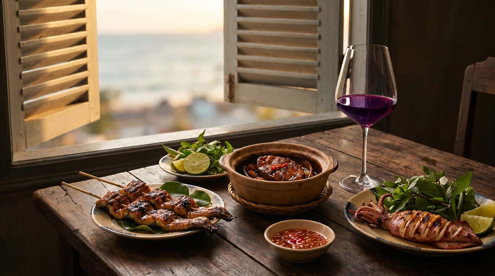 Syrah Shiraz wine kết hợp Da Nang seafood luong nuong muc nuong ca kho to