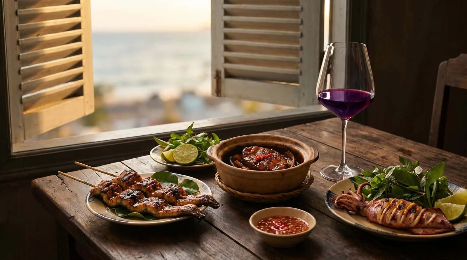 Syrah Shiraz wine kết hợp Da Nang seafood luong nuong muc nuong ca kho to