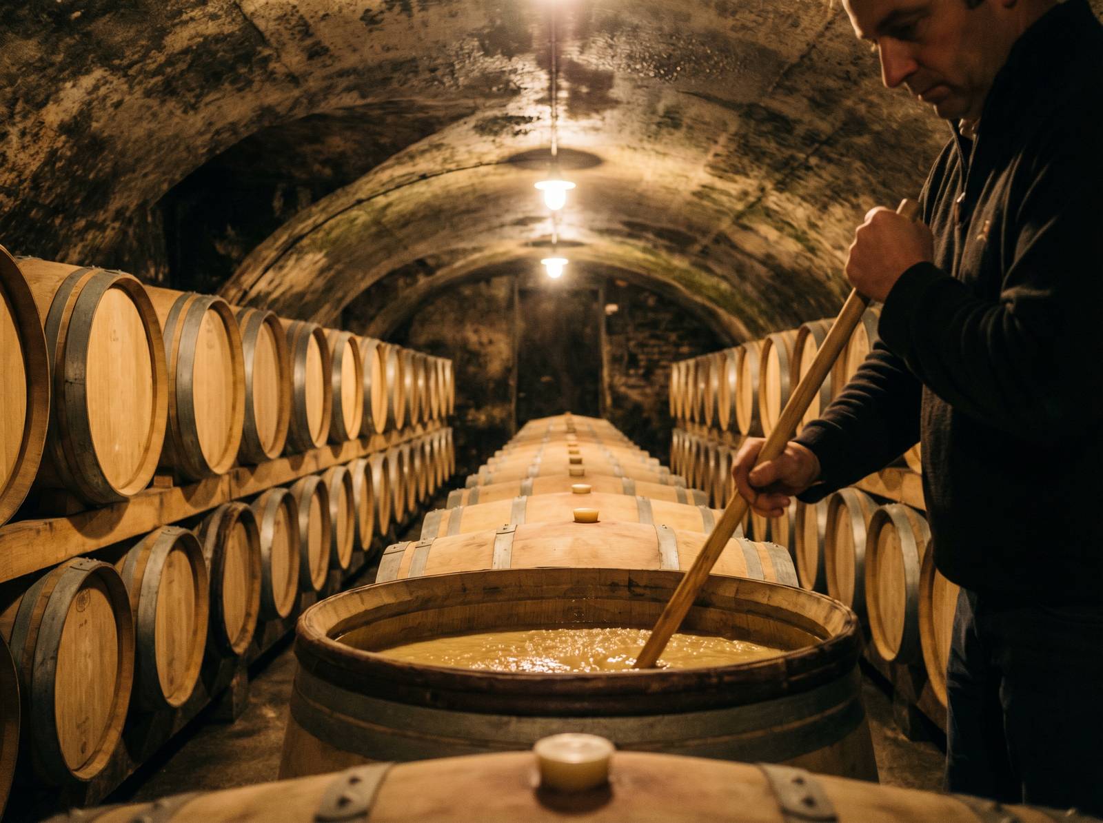Chardonnay aging French oak barrels Burgundy cellar batonnage