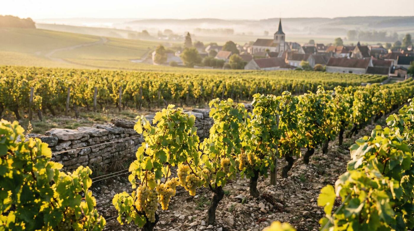 Chardonnay vineyard Burgundy Cote de Beaune Puligny-Montrachet golden landscape