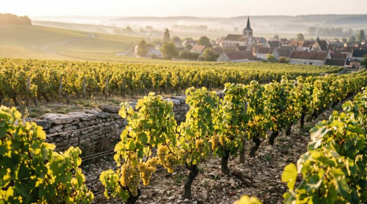 Chardonnay vineyard Burgundy Cote de Beaune Puligny-Montrachet golden landscape