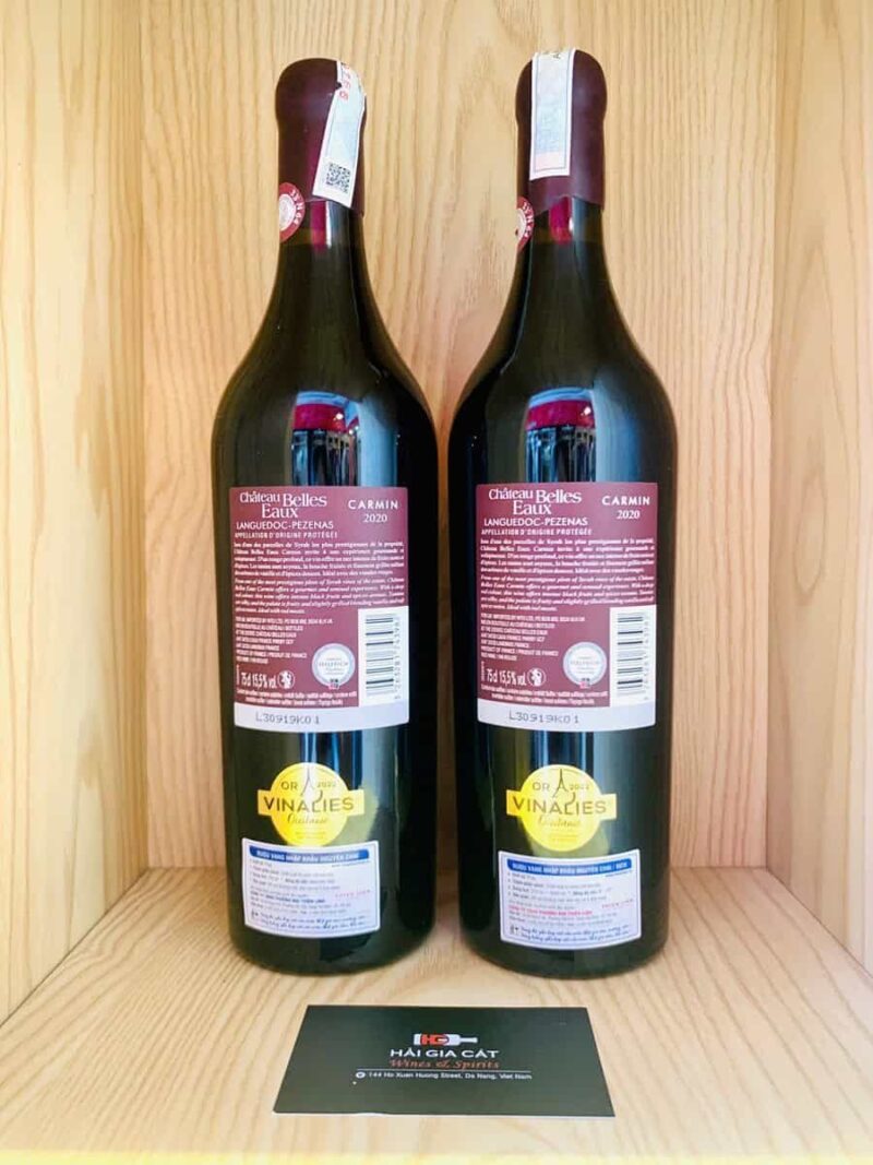 Mặt sau chai rượu Chateau Belles Eaux Languedoc Pezenas Carmin