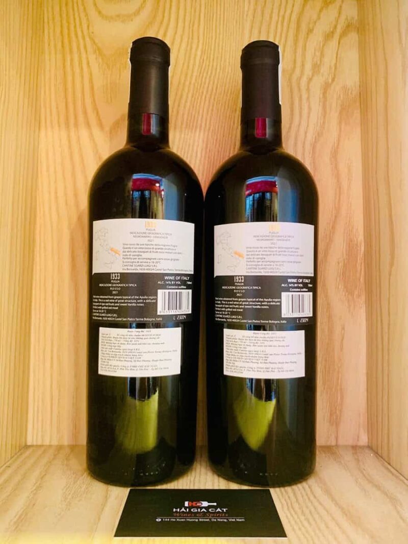 Mặt sau chai rượu vang 1933 Rosso 14 độ