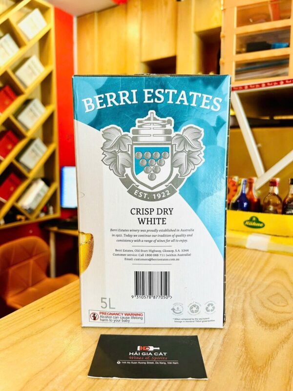 Mặt sau chai rượu vang Berri Estates Crisp Dry White 5L