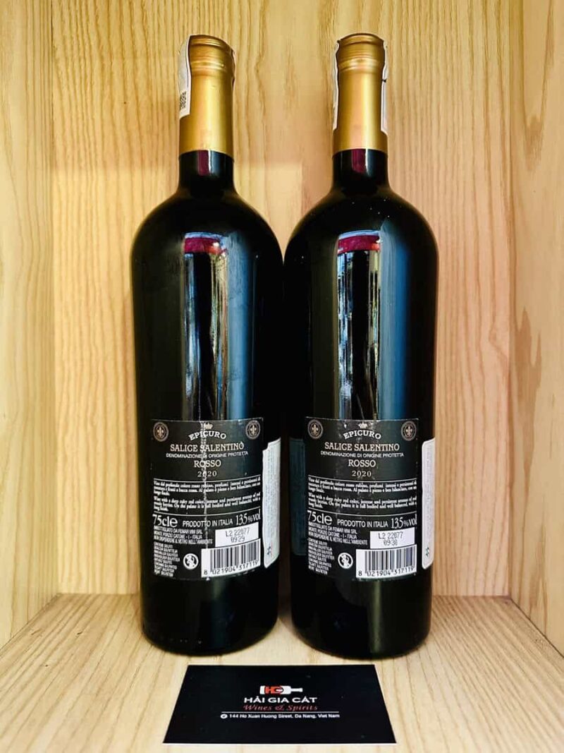 Mặt sau chai rượu vang Epicuro Aged In Oak