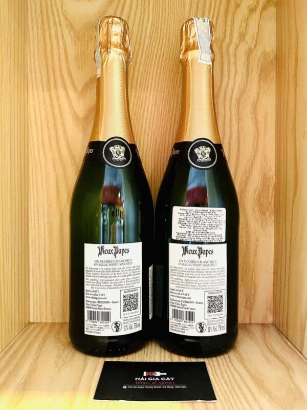 Mặt sau chai rượu vang nổ Vieux Papes Blanc de Blancs Brut