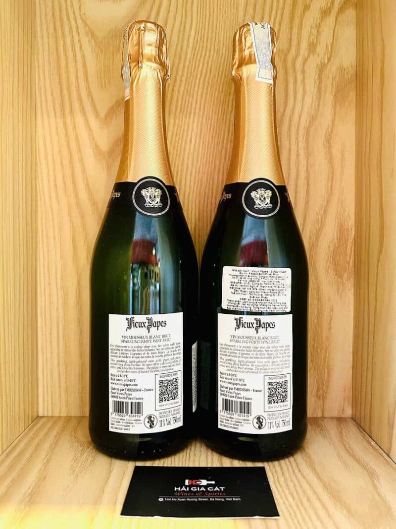 Mặt sau chai rượu vang nổ Vieux Papes Blanc de Blancs Brut