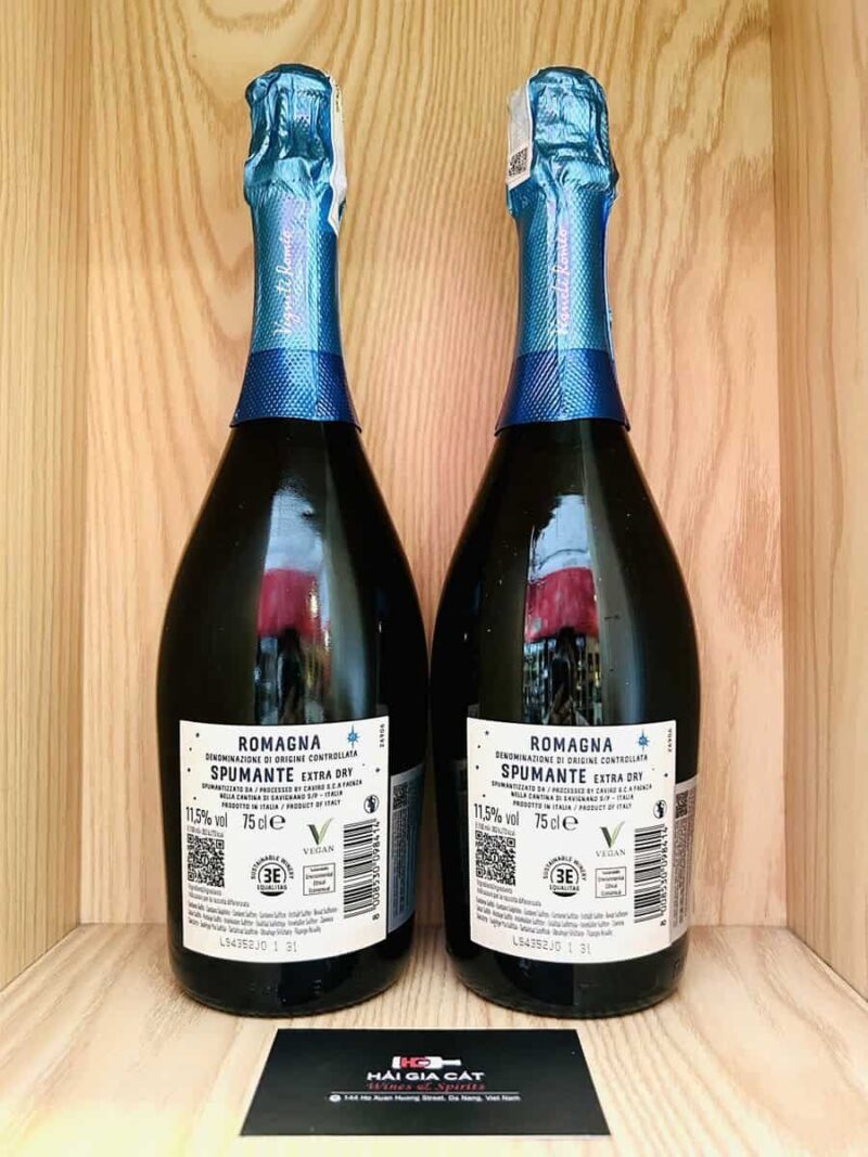 Mặt sau chai rượu Vigneti Romio Novebolle Romagna Spumante Extra Dry