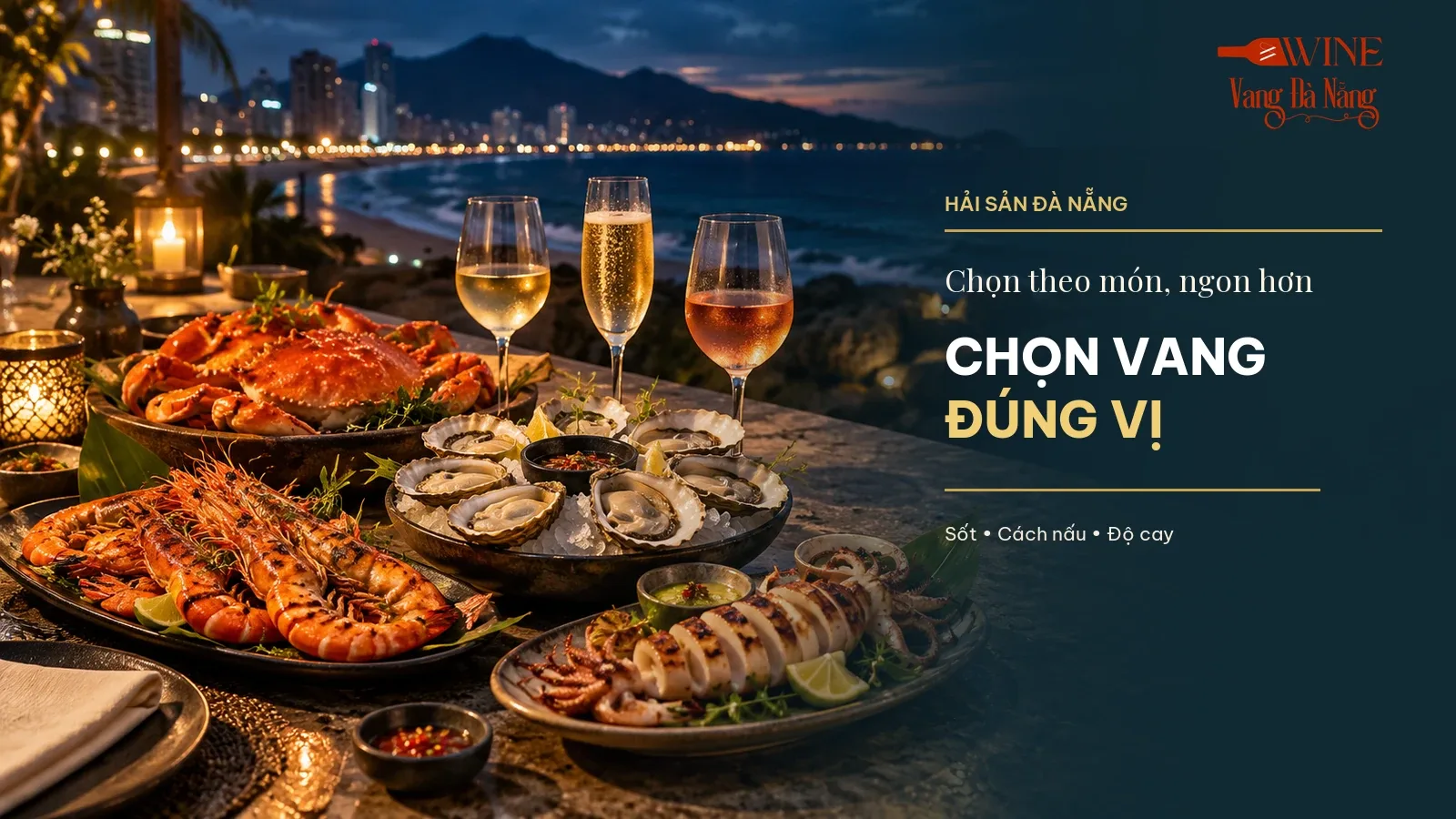 Bàn hải sản ven biển gồm cua, tôm, hàu và mực cùng vang trắng, vang sủi và vang hồng