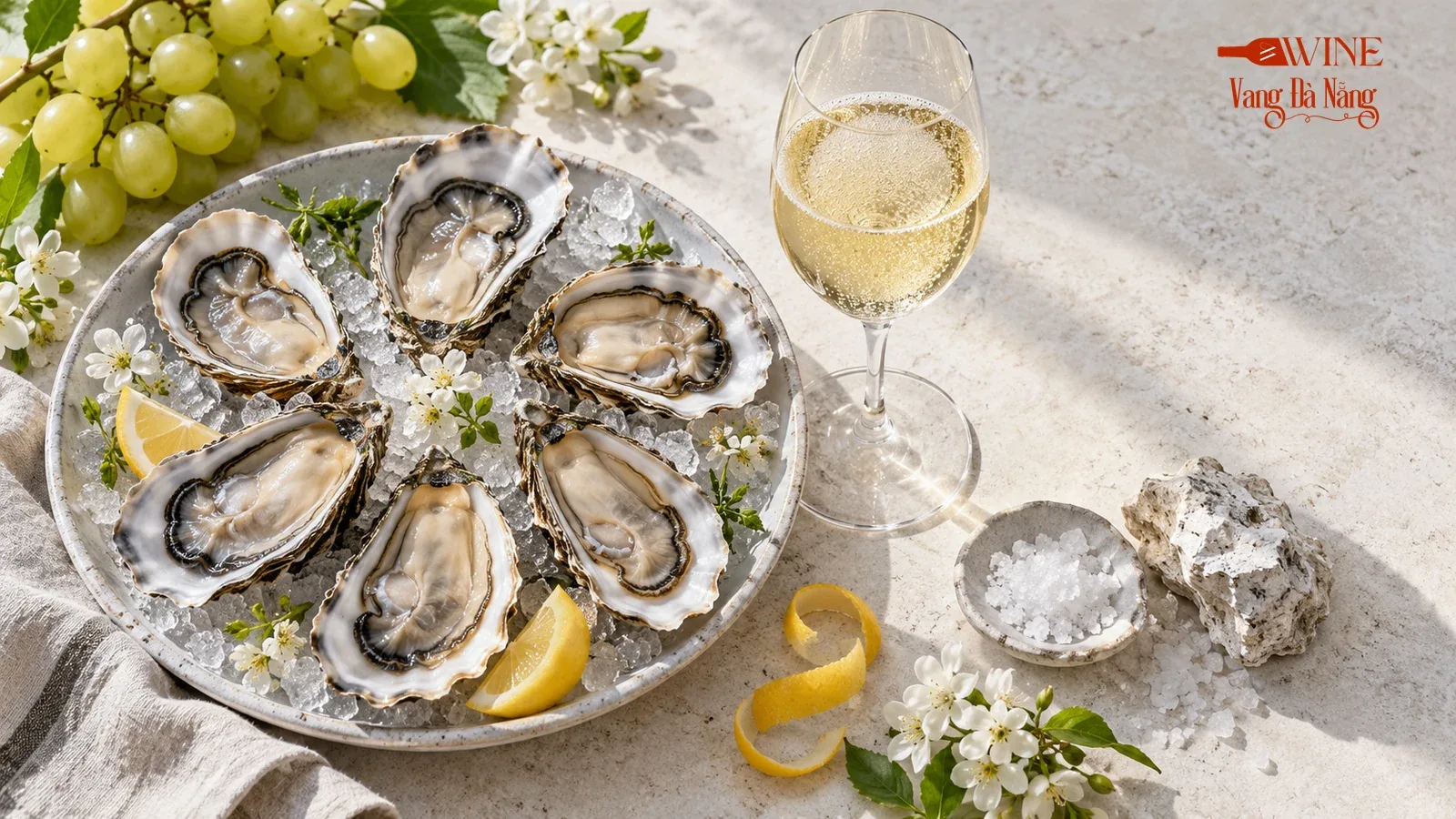 Hàu sống trên đá cùng ly Champagne, nho Chardonnay, chanh và sắc khoáng trên bàn đá sáng
