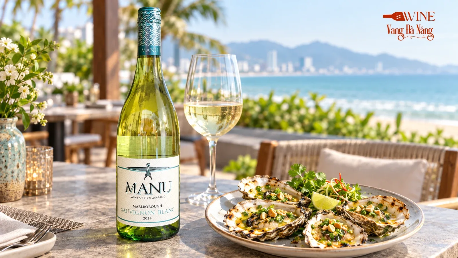 Chai MANU Marlborough Sauvignon Blanc 2024 và ly vang trắng dùng với hàu nướng mỡ hành