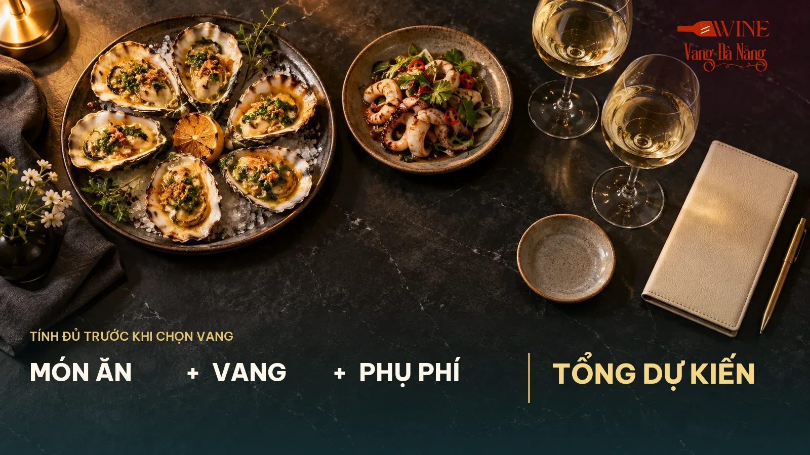Bàn hàu nướng, món ăn kèm, hai ly vang và sổ tính tiền với công thức tính tổng dự kiến