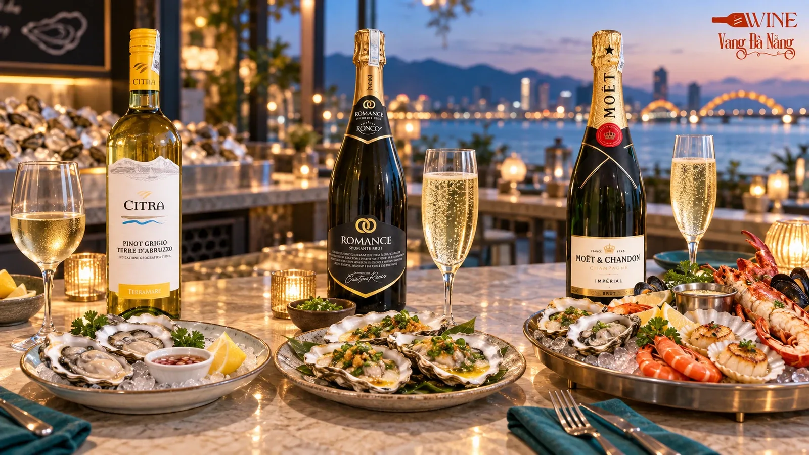 Citra Pinot Grigio, Romance Spumante Brut và Moët Chandon Brut Impérial trên bàn hàu ven biển
