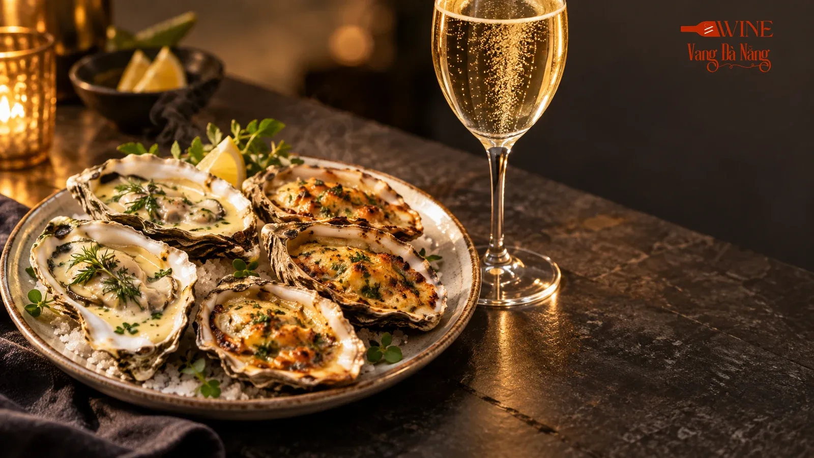 Ly Champagne dùng cùng hàu nóng sốt kem nhẹ và hàu nướng bơ tỏi trên bàn đá tối