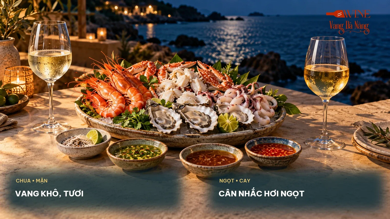 Bàn hải sản cùng nước chấm chua mặn, muối ớt xanh, sốt me ngọt và sốt cay