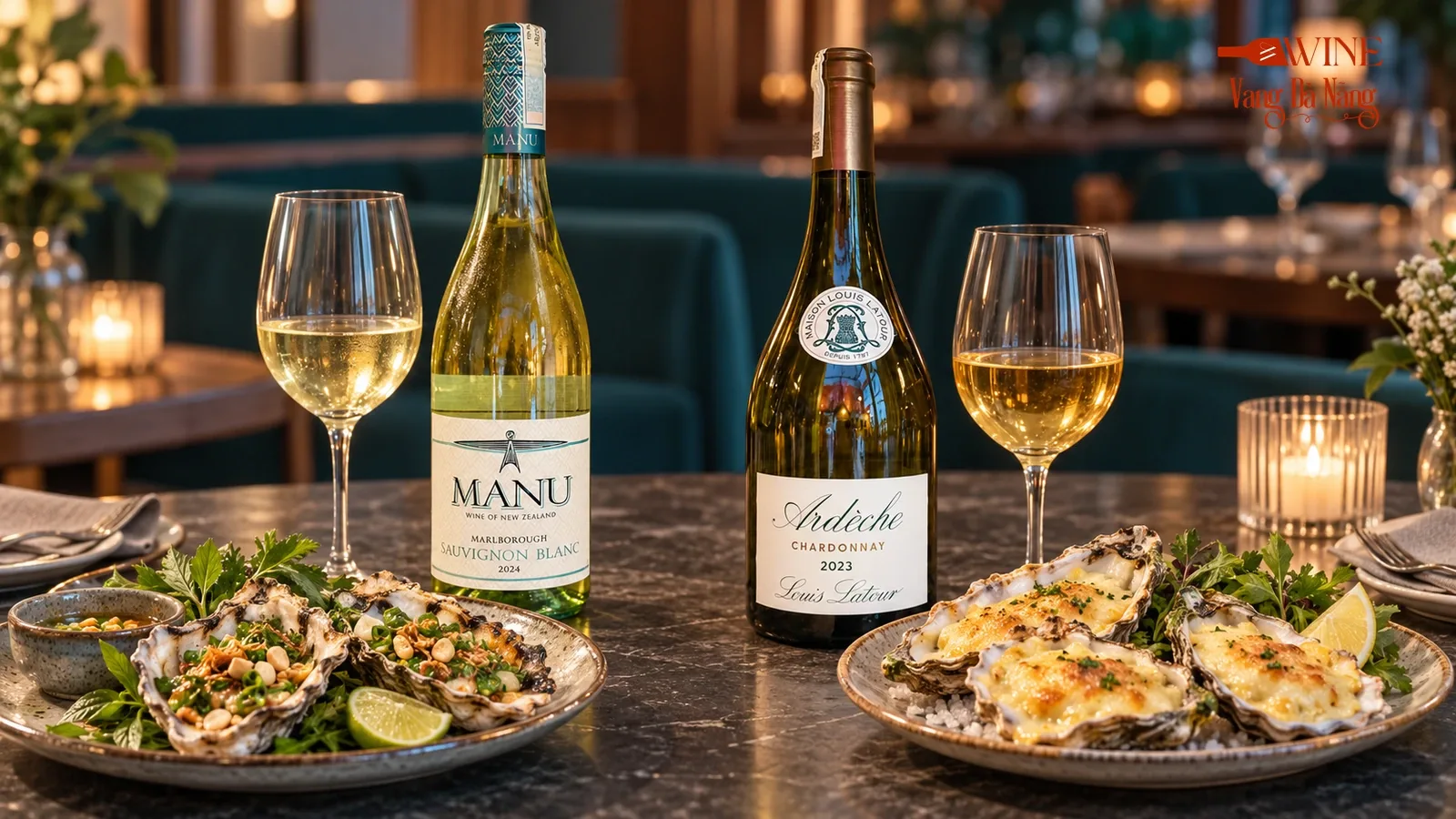 Manu Sauvignon Blanc với hàu mỡ hành và Louis Latour Chardonnay với hàu phô mai