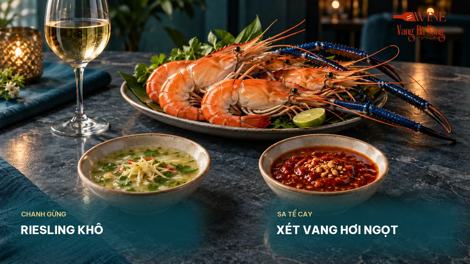 Tôm càng xanh với hai chén nước chấm chanh gừng nhẹ và sa tế cay cạnh ly vang trắng