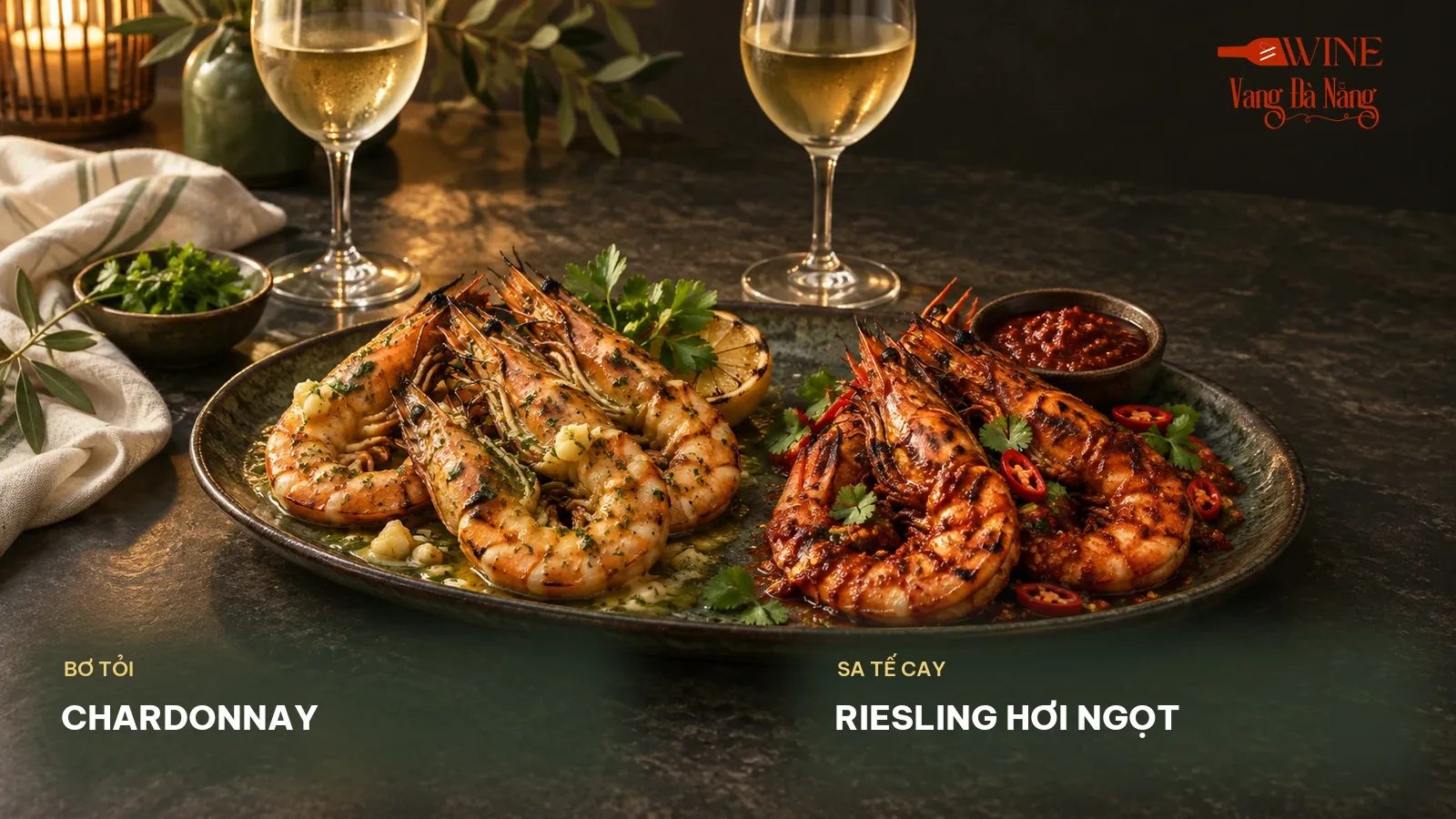 So sánh tôm nướng bơ tỏi với tôm nướng sa tế cay cạnh hai ly vang trắng