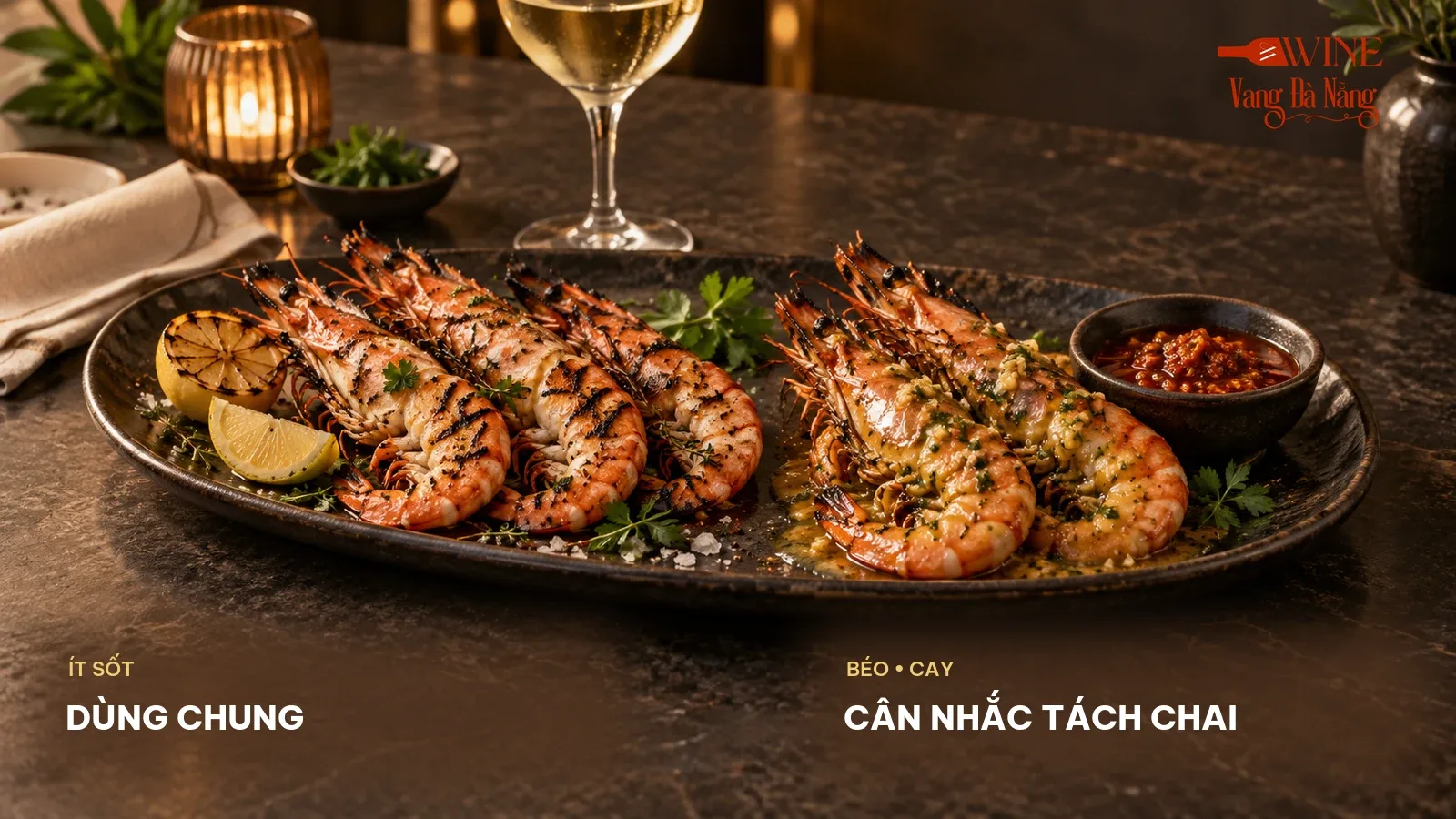 Tôm nướng ít sốt đặt cạnh phần tôm nướng bơ tỏi và chén sa tế để so sánh