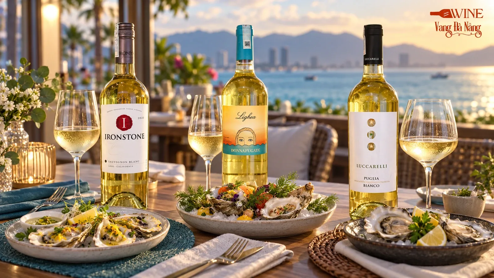 Ironstone Sauvignon Blanc, Donnafugata Lighea và Luccarelli Bianco trên bàn hàu ven biển