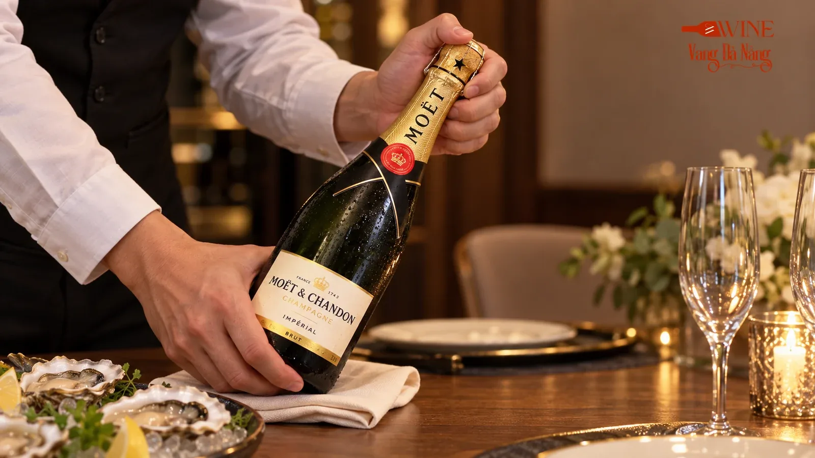 Nhân viên giữ nút và xoay thân chai Moët & Chandon Brut Impérial an toàn trên khăn phục vụ bên bàn hàu