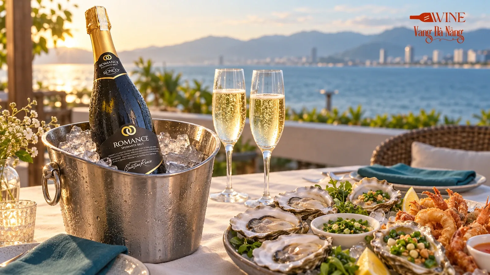 Chai Romance Spumante Brut trong xô đá với hai ly vang sủi và bàn hàu hải sản
